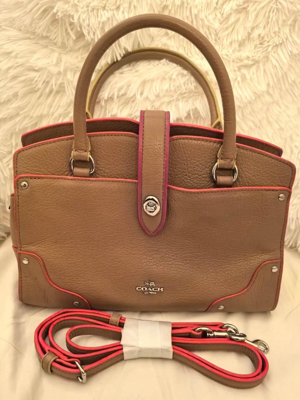 Coach Taupe Satchel with Pink and Coral Trim - Picture 1 of 9